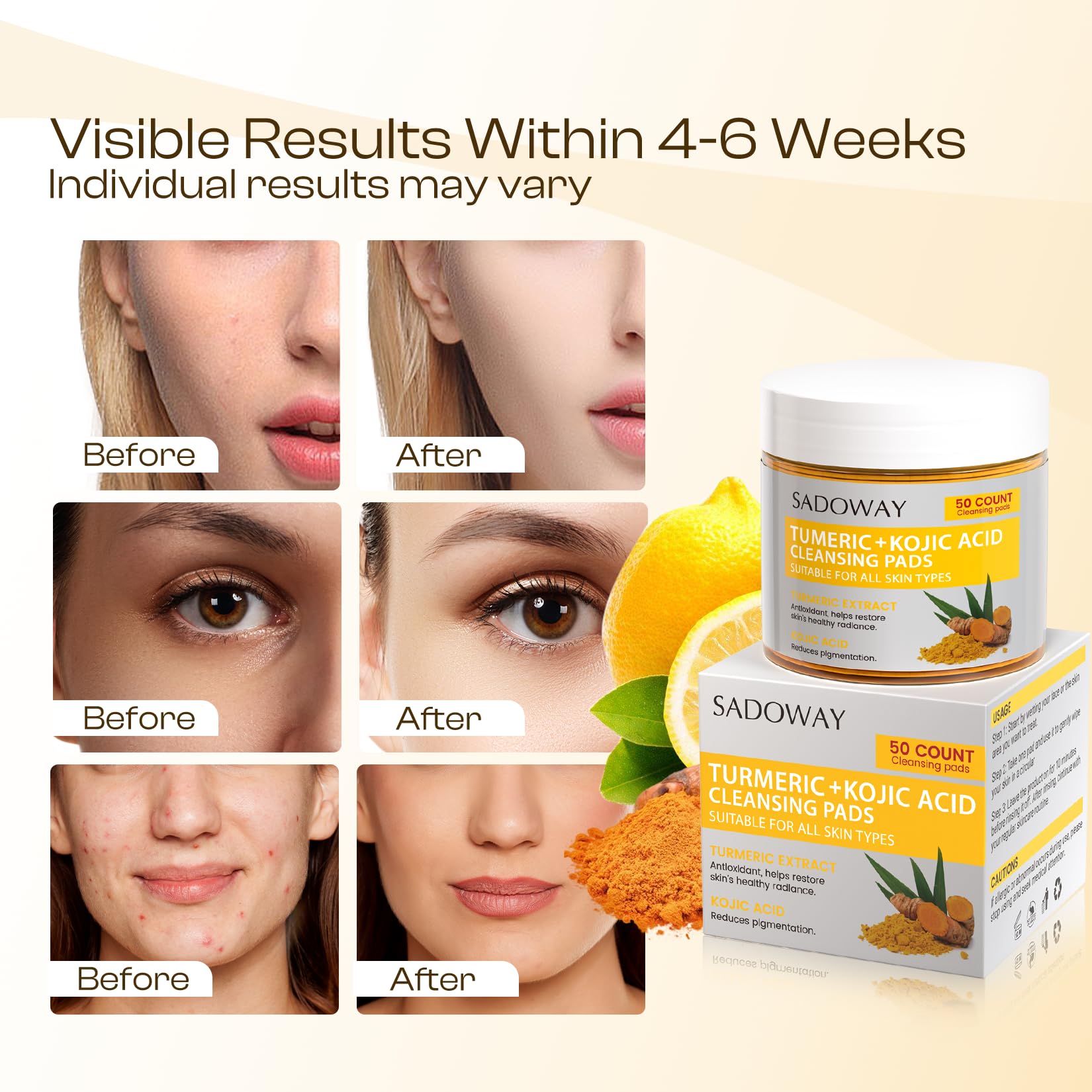SADOWAY turmeric root and kojic acid graphic showing natural brightening support