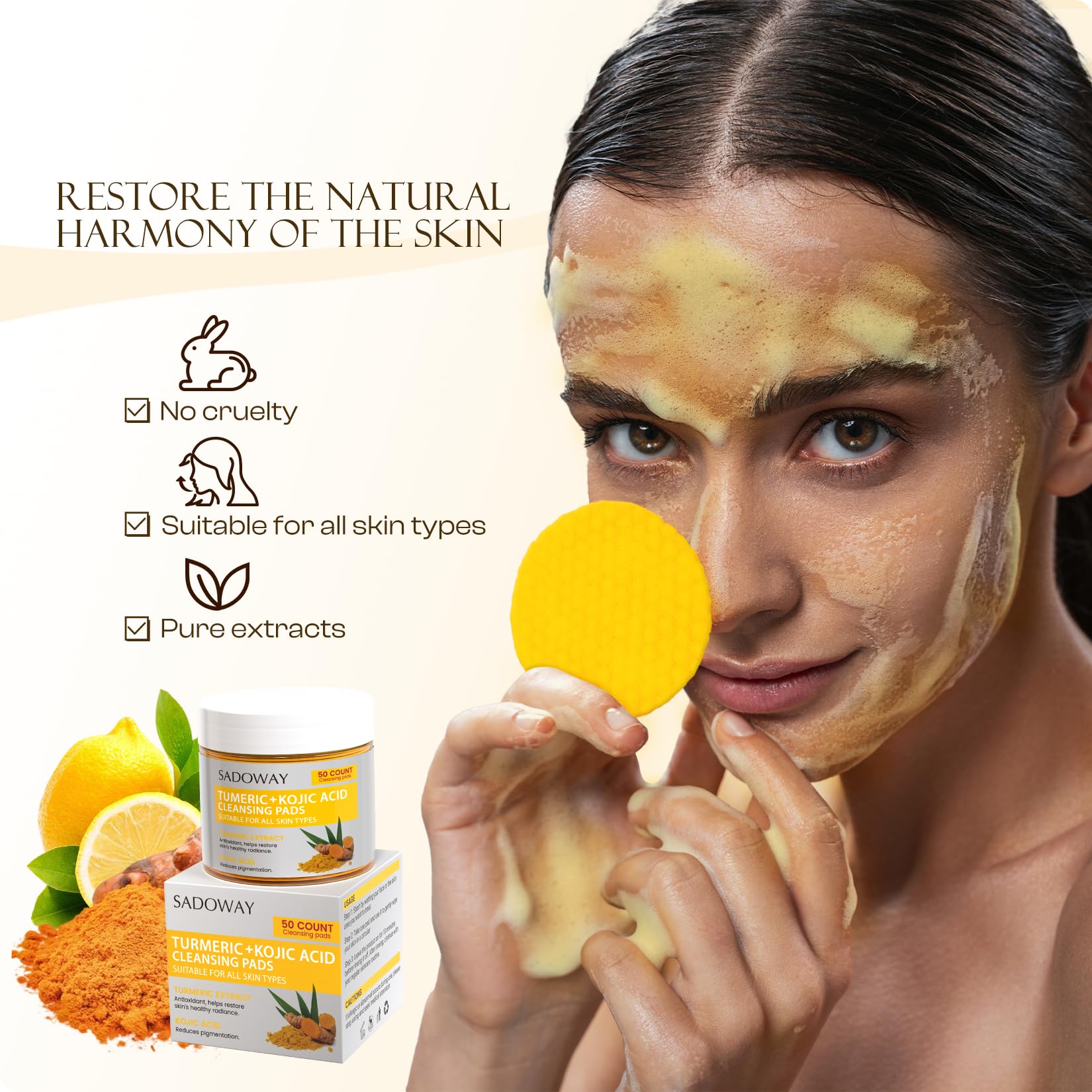 SADOWAY pad wiping a cheek demonstrating quick cleansing and makeup removal benefit