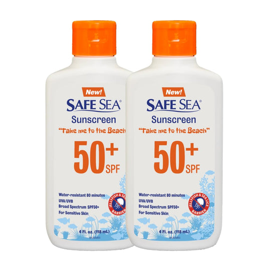 SAFE SEA front packaging bottle showing SPF 50+ protection and benefits