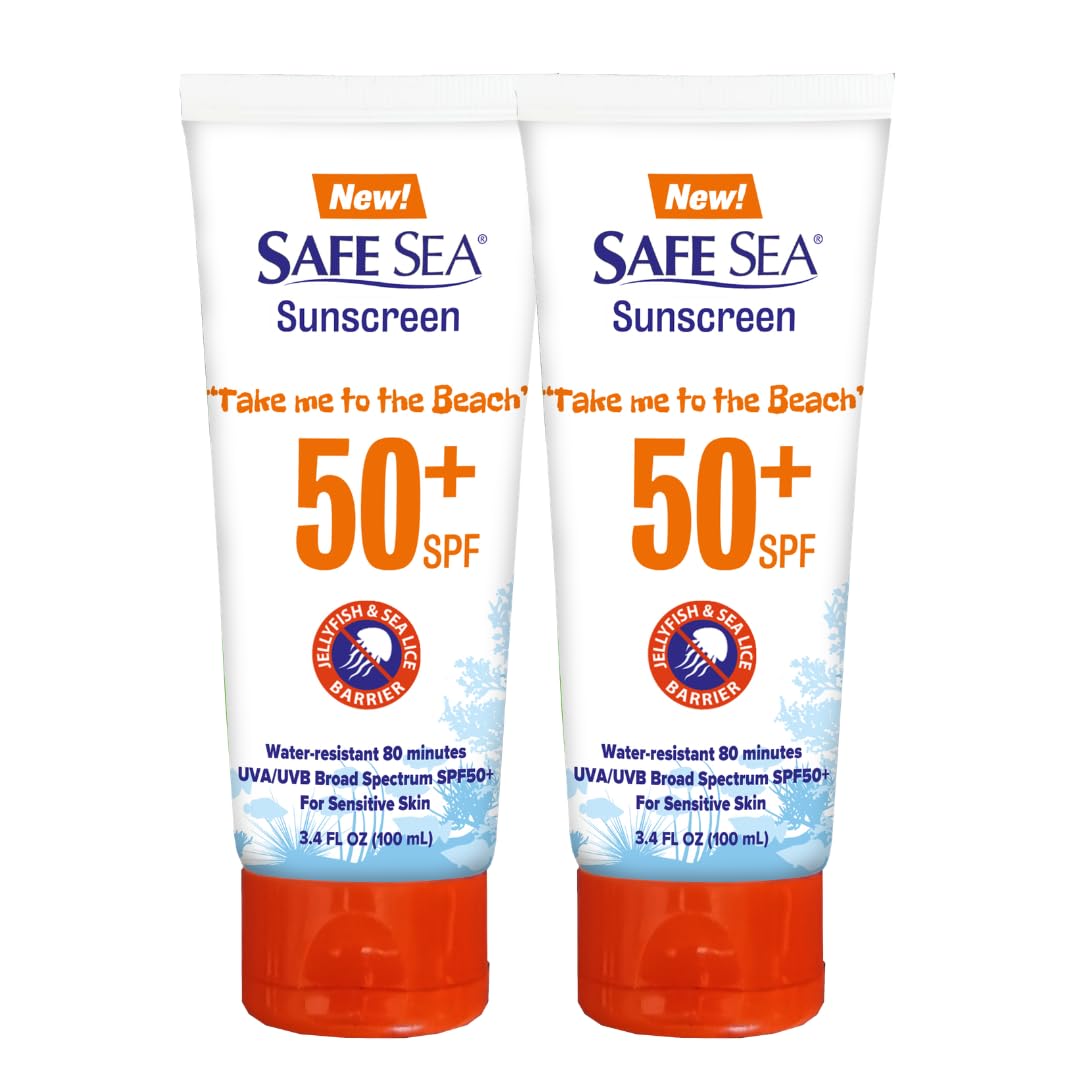 SAFE SEA front tube packaging showing SPF 50 and twin pack benefit