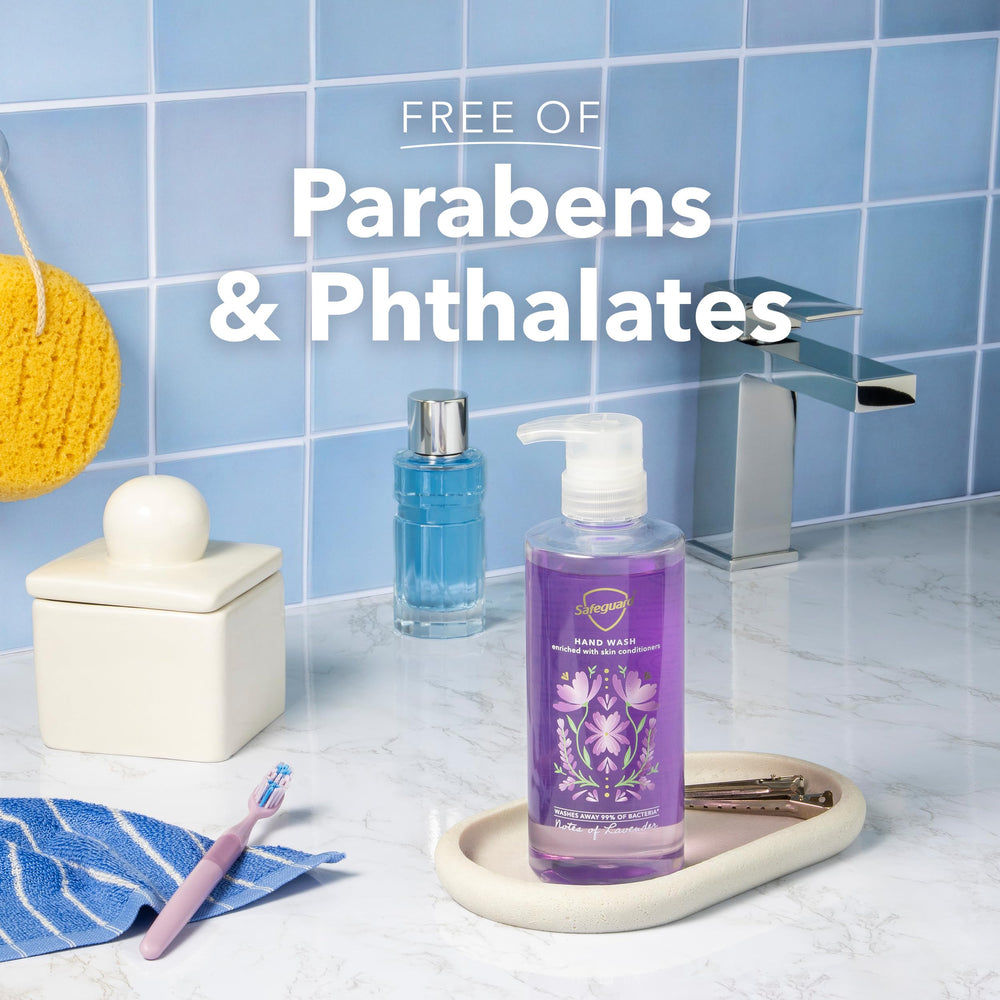 Safeguard bottles on a bathroom counter suggesting everyday household placement