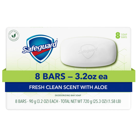 Safeguard front packaging eight-pack showing product and size benefit