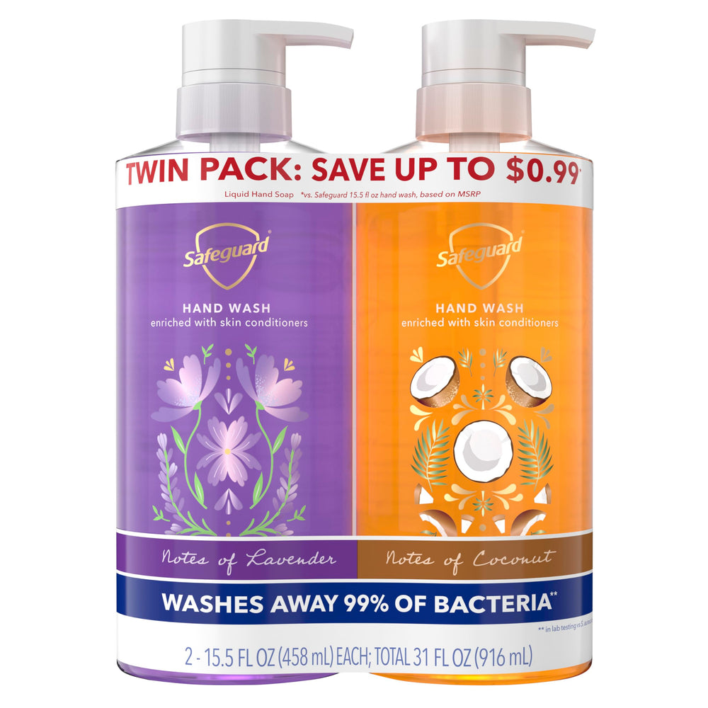 Safeguard twin pack front packaging showing two 15.5 oz bottles and benefits