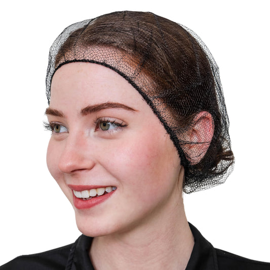 SAFEKO front packaging view showing 100-count black 24" hair nets, professional storage benefit
