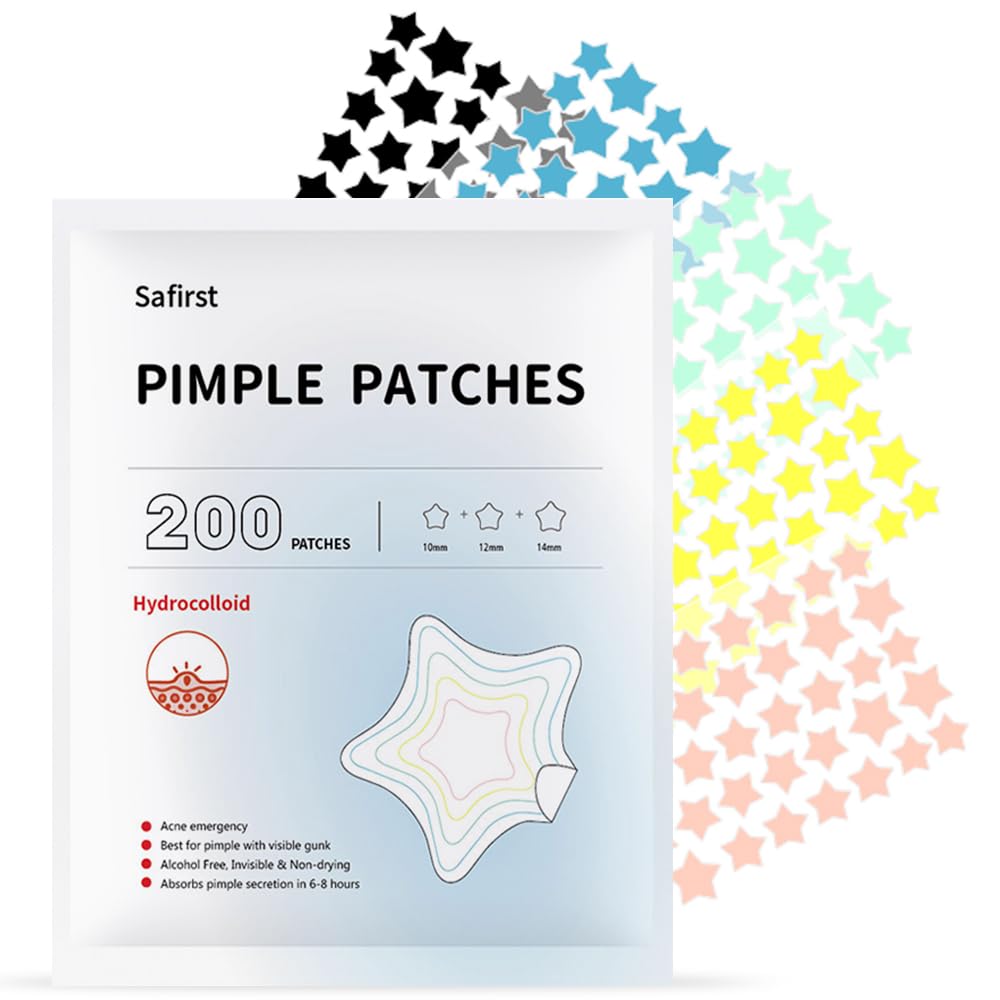 Safirst front packaging showing 200-count colorful acne patches and sizes for quick selection