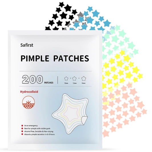 Safirst front packaging showing 200-count colorful acne patches and sizes for quick selection