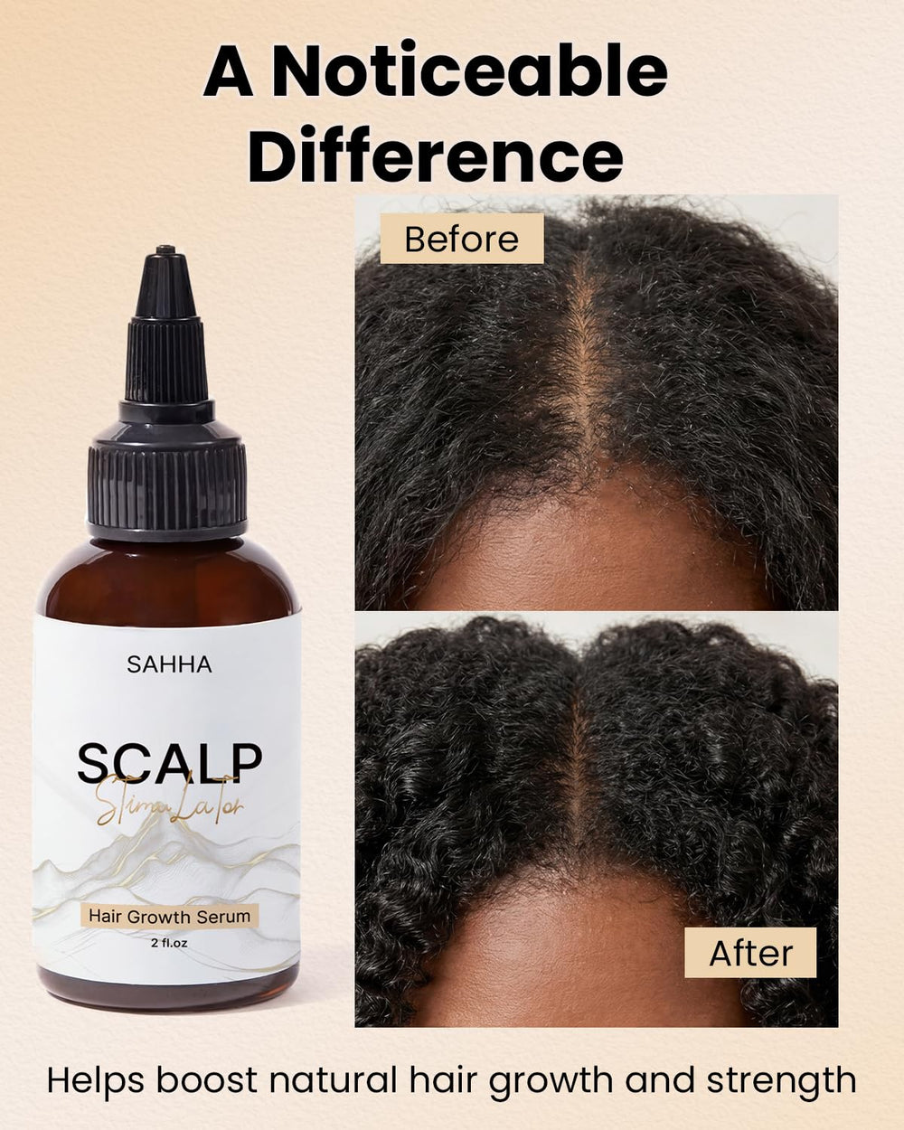 Sahha bottle beside hairbrush showing 2 fl oz scale and portability benefit