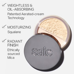 Saie powder applied with brush delivering smooth, blurred skin benefit