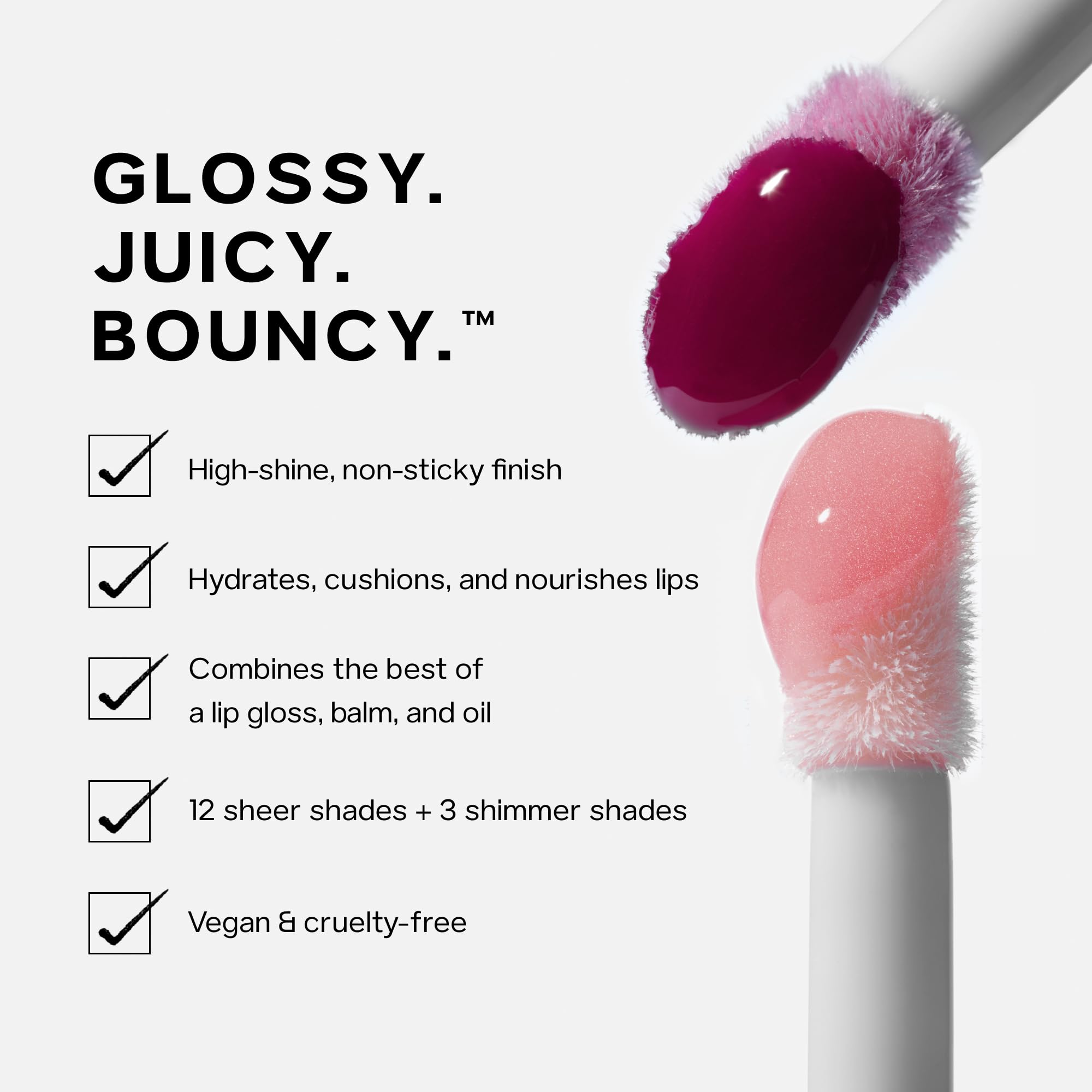 Saie glossybounce on model lips showing sheer tint and luminous shine benefit