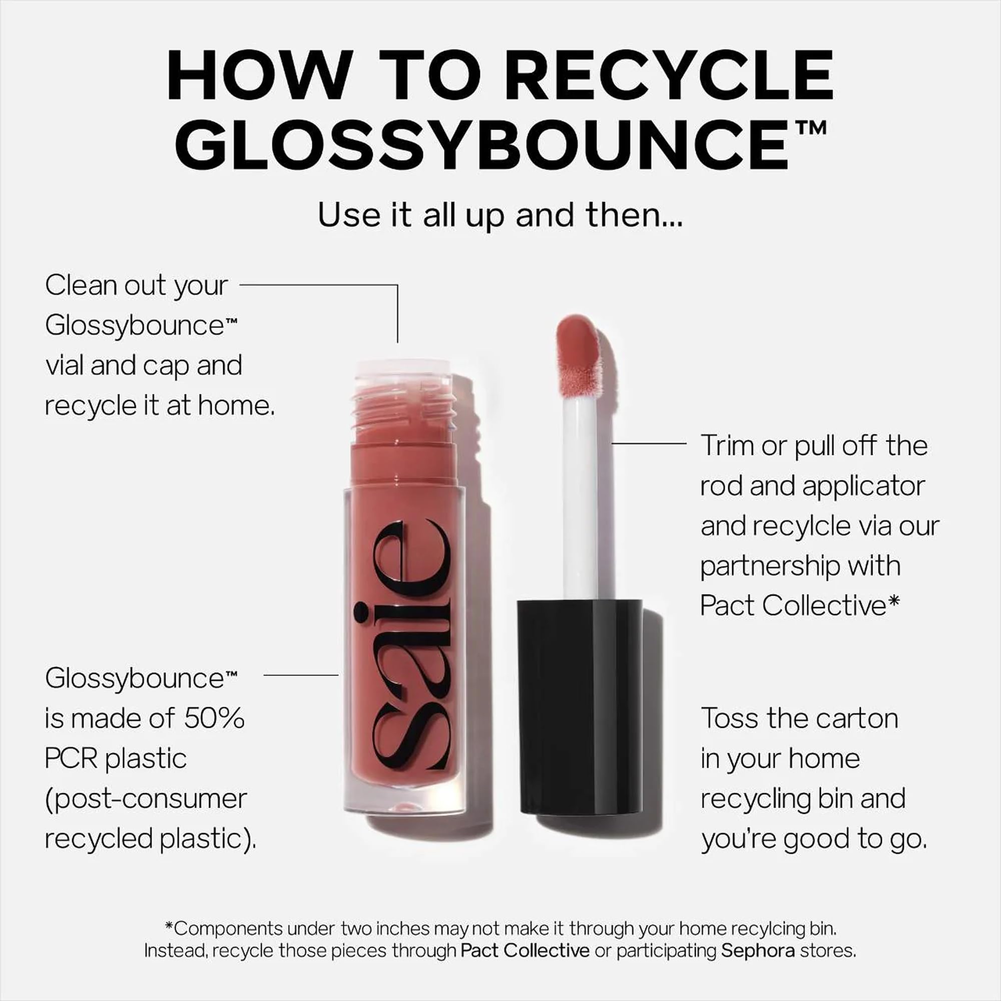 Saie glossybounce size scale with hand showing compact travel-friendly convenience benefit