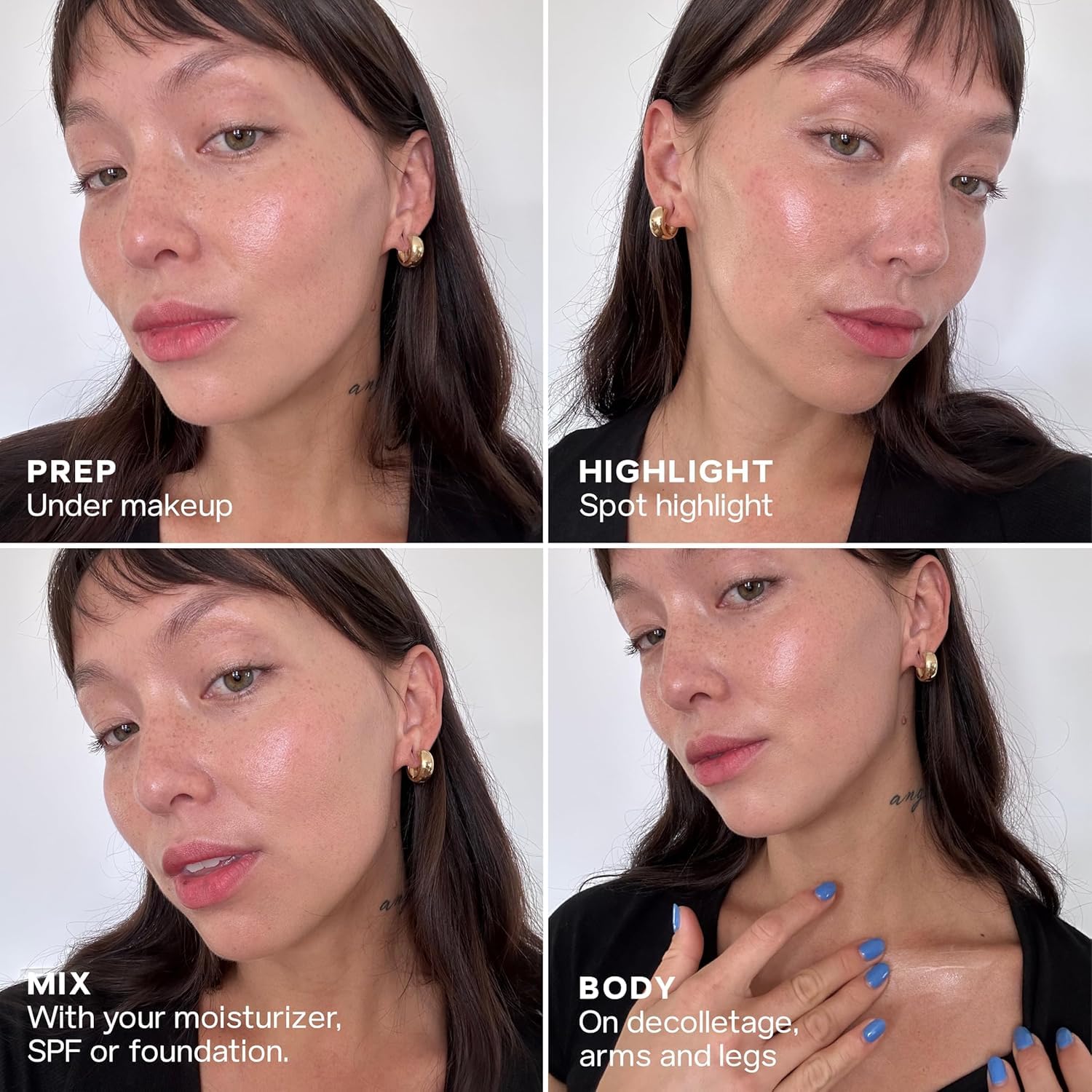 Saie product on collarbone illustrating subtle body glow and hydration