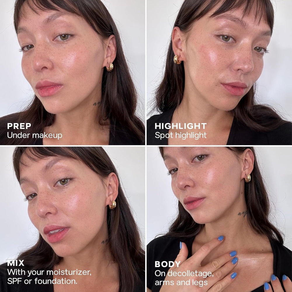 Saie product on collarbone illustrating subtle body glow and hydration