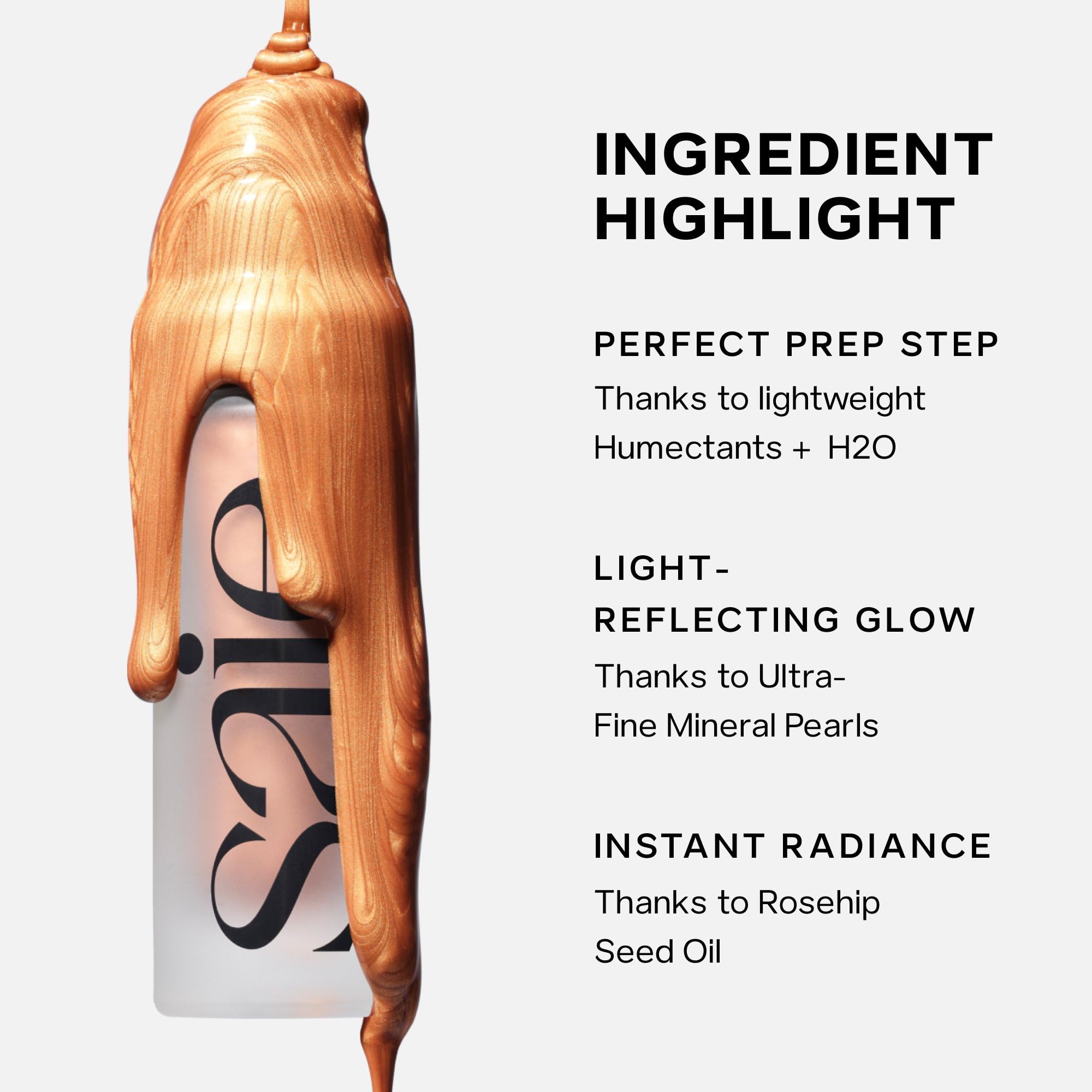 Saie on vanity in morning routine showing primer use and quick glowing results benefit