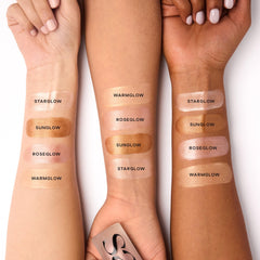 Saie Glowy Super Gel swatches on hand illustrating buildable glow and blendability