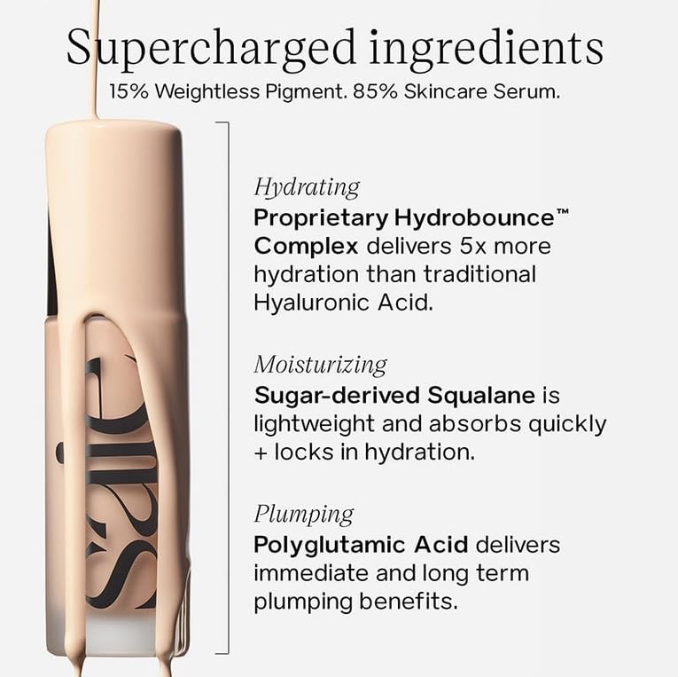 Saie ingredients label close-up highlighting hyaluronic acid and squalane benefits
