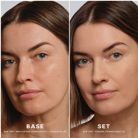 Close-up of Saie Slip Tint pan showing baked powder texture and blur benefit