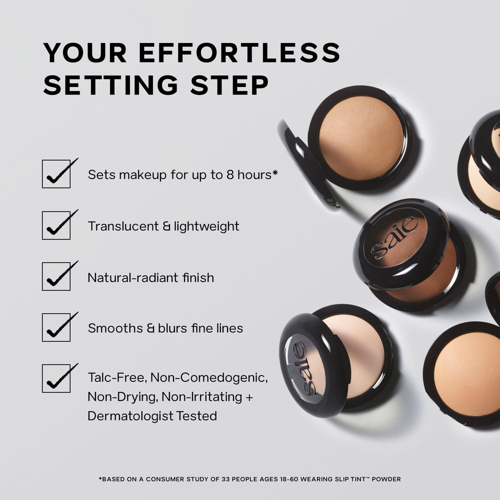 Saie powder on brush demonstrating easy blending and seamless setting