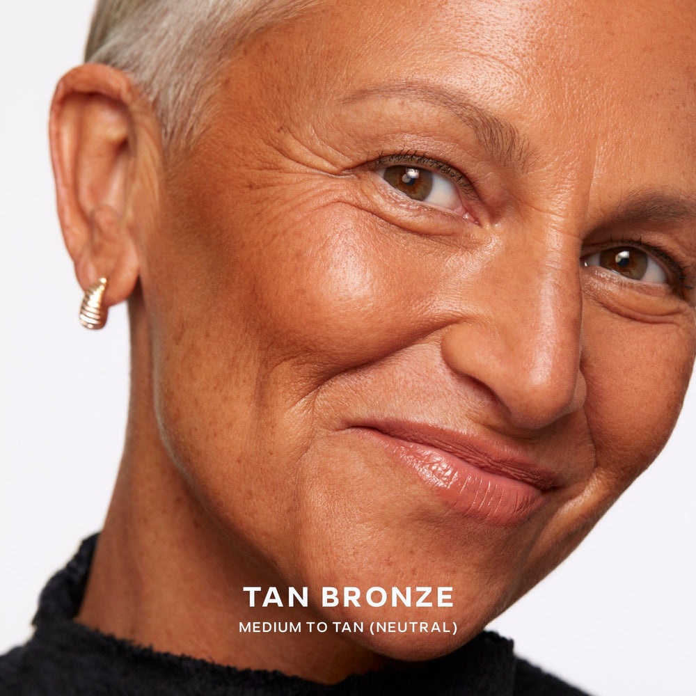 Saie Sun Melt blended with a buffing brush, shows effortless application benefit
