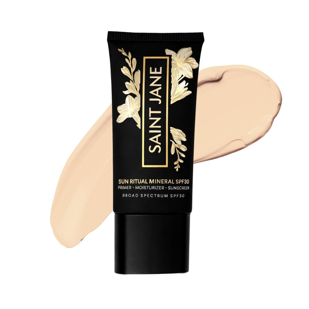 SAINT JANE front packaging showing SPF 30 and luxury finish benefits