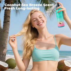 SAISZE bottle on beach towel conveying vacation-ready hair benefits