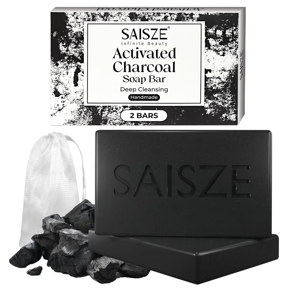 SAISZE charcoal soap front packaging showing clean branding and benefits