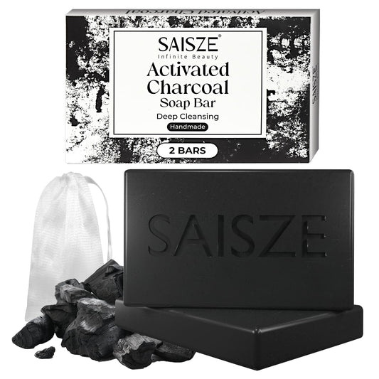 SAISZE charcoal soap front packaging showing clean branding and benefits