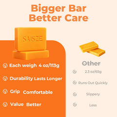 SAISZE soap bars on bathroom shelf suggesting daily brightening routine