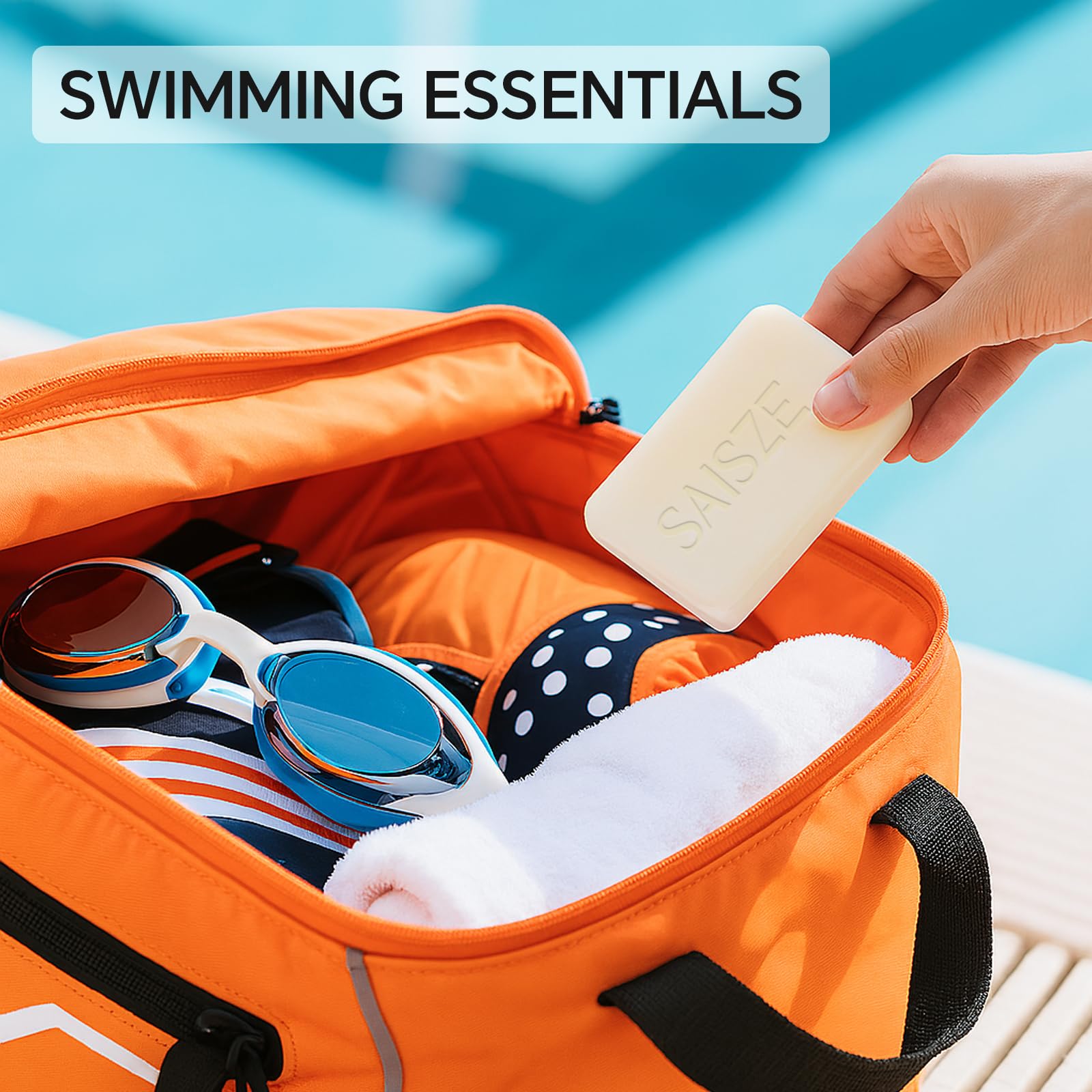 SAISZE pack of two bars staged in a swim bag for easy post-swim cleanup