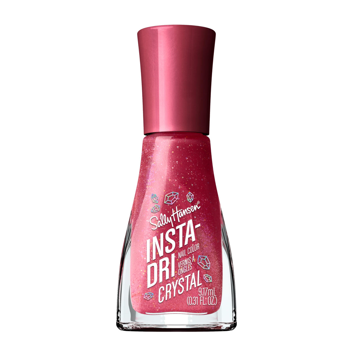 Sally Hansen bottle front view showing holographic ruby-red color and glossy finish