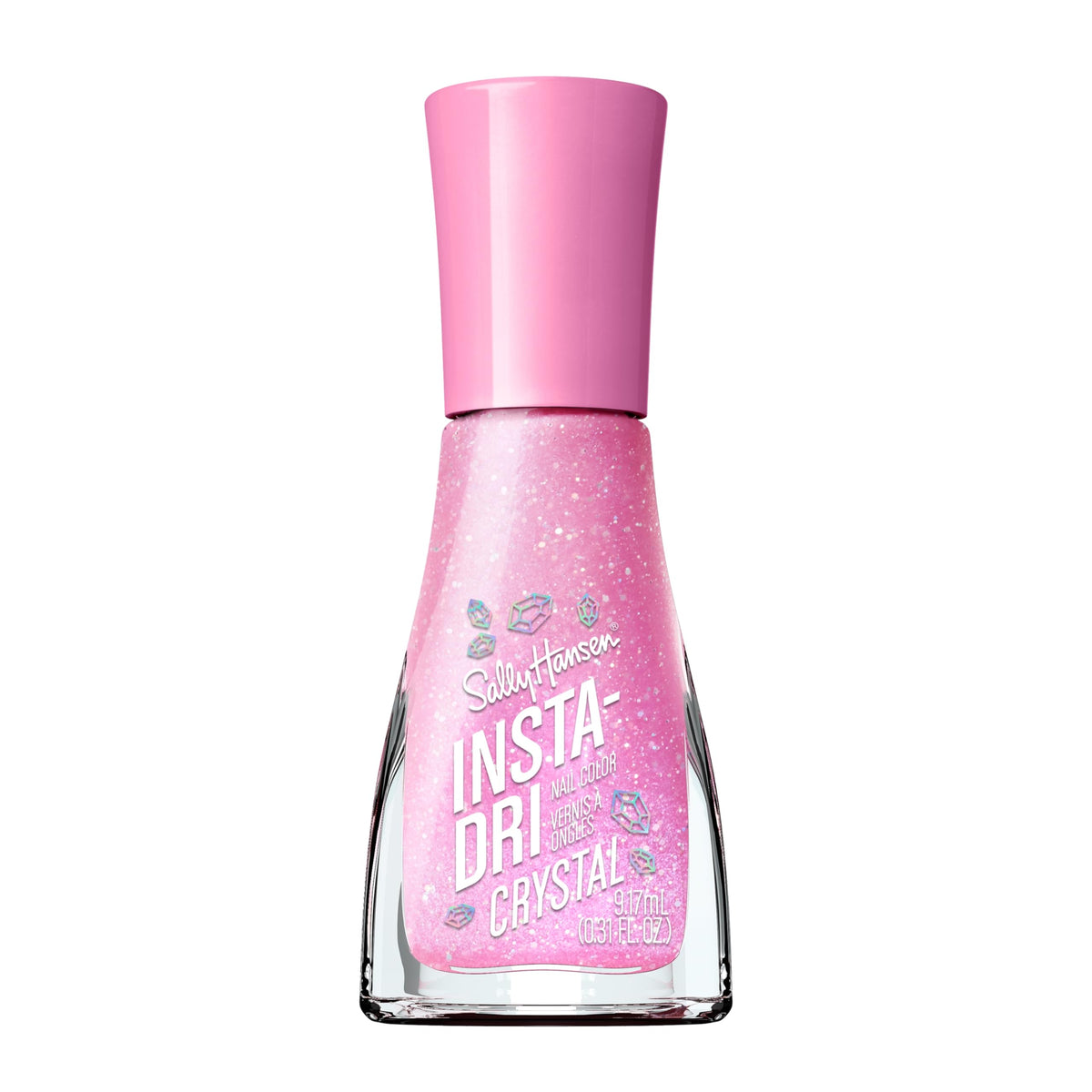 Sally Hansen bottle front view showing holographic baby pink color and glossy shine