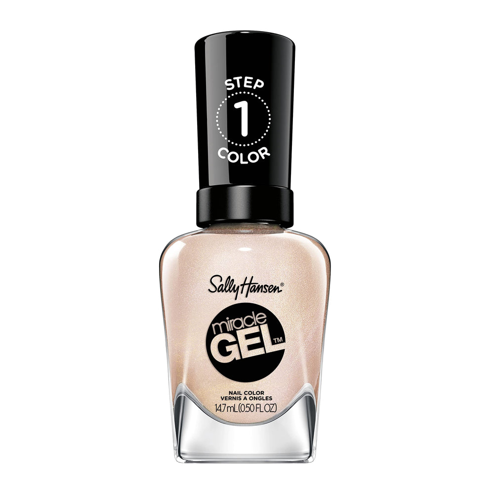 Sally Hansen bottle front view showing rose-gold shade and label benefit