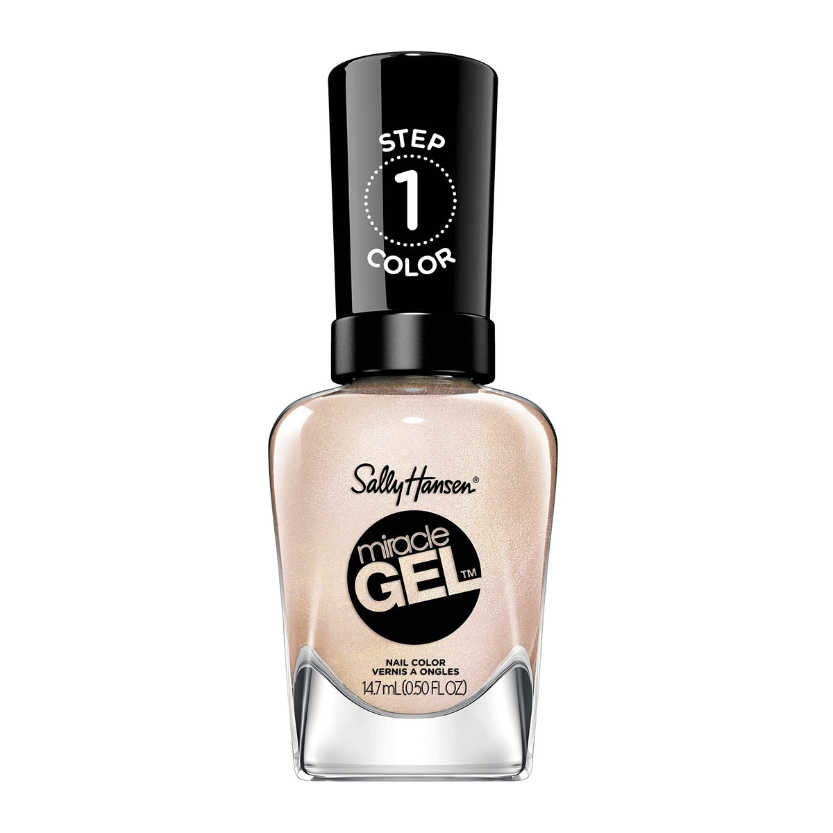 Sally Hansen bottle front view showing rose-gold shade and label benefit