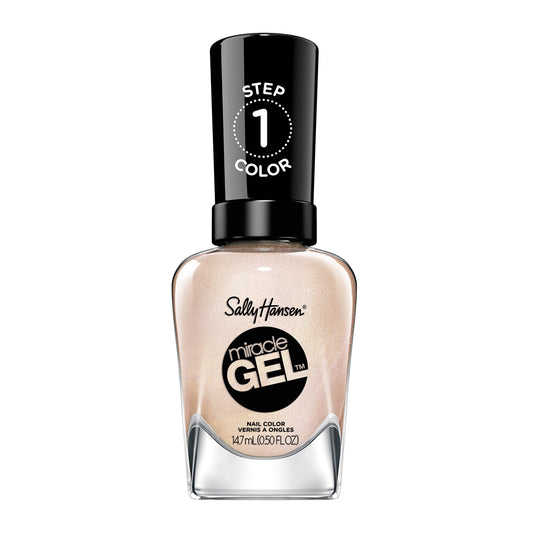 Sally Hansen bottle front view showing rose-gold shade and label benefit