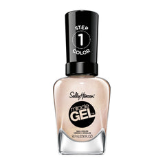Sally Hansen bottle front view showing rose-gold shade and label benefit