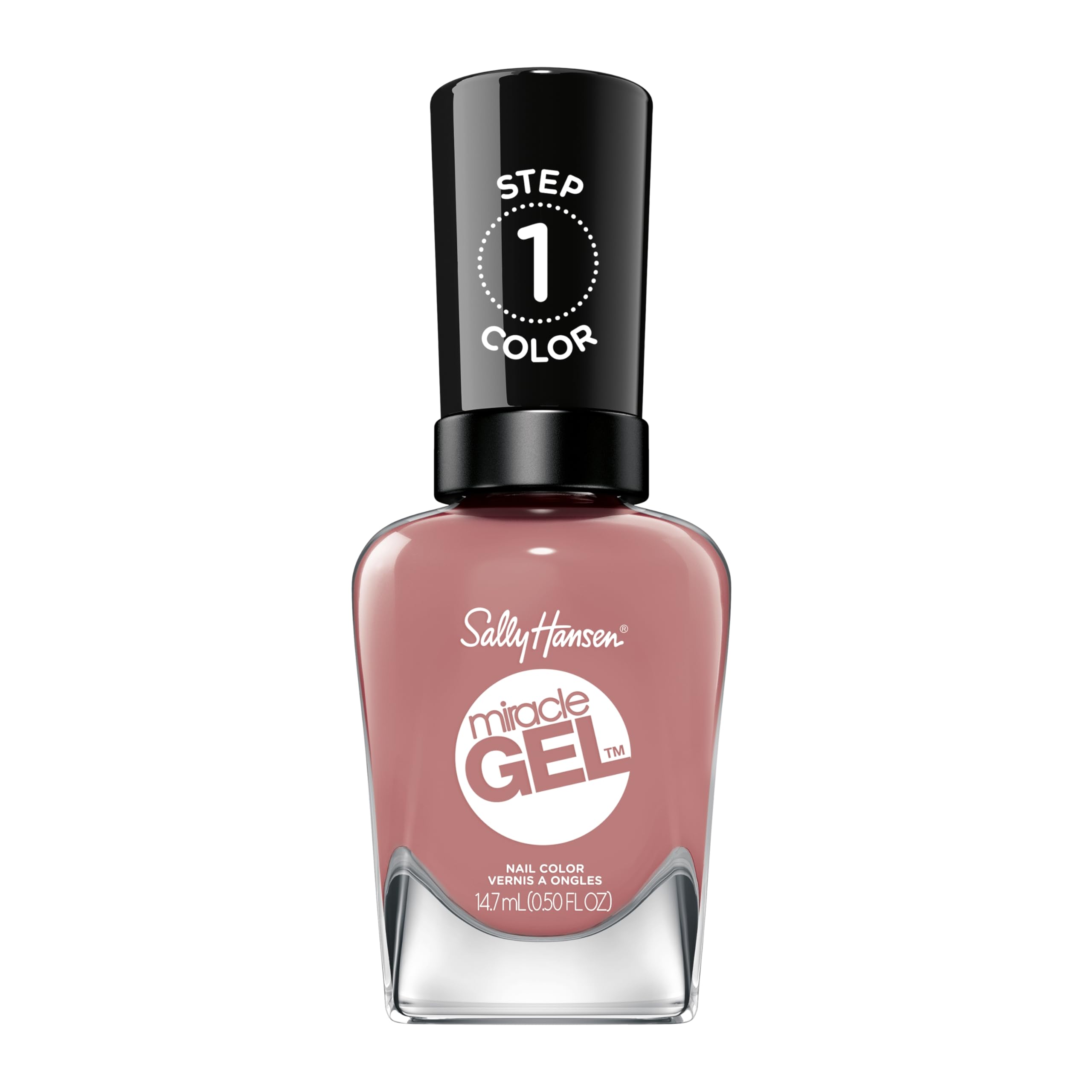 Sally Hansen bottle front showing shade 252 Rose & Shine and glossy finish benefit