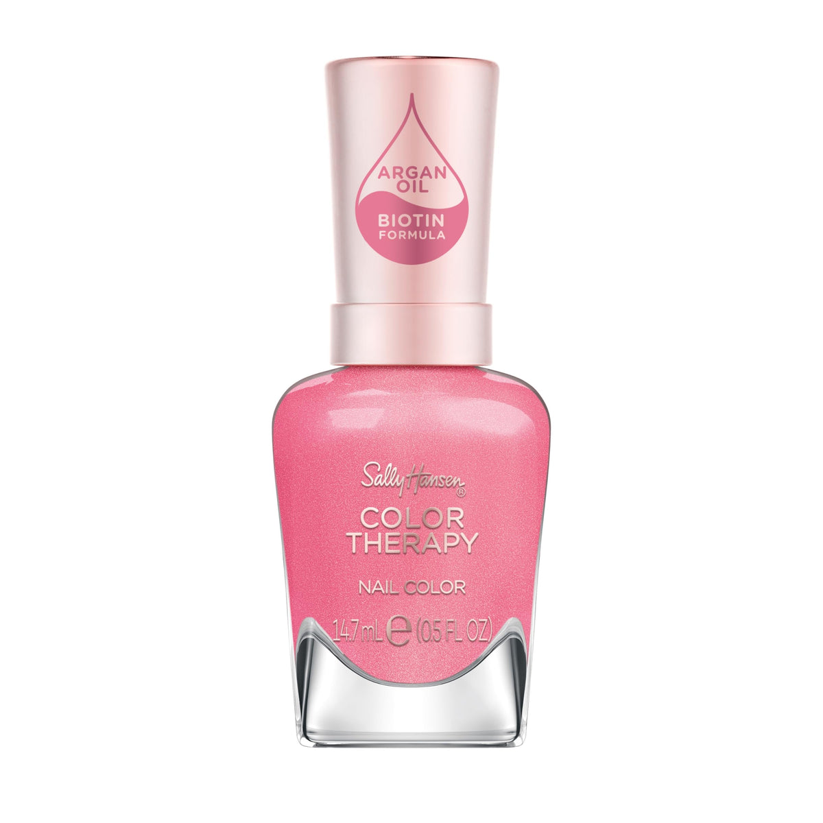 Sally Hansen front bottle showing rose pink color and glossy finish benefit