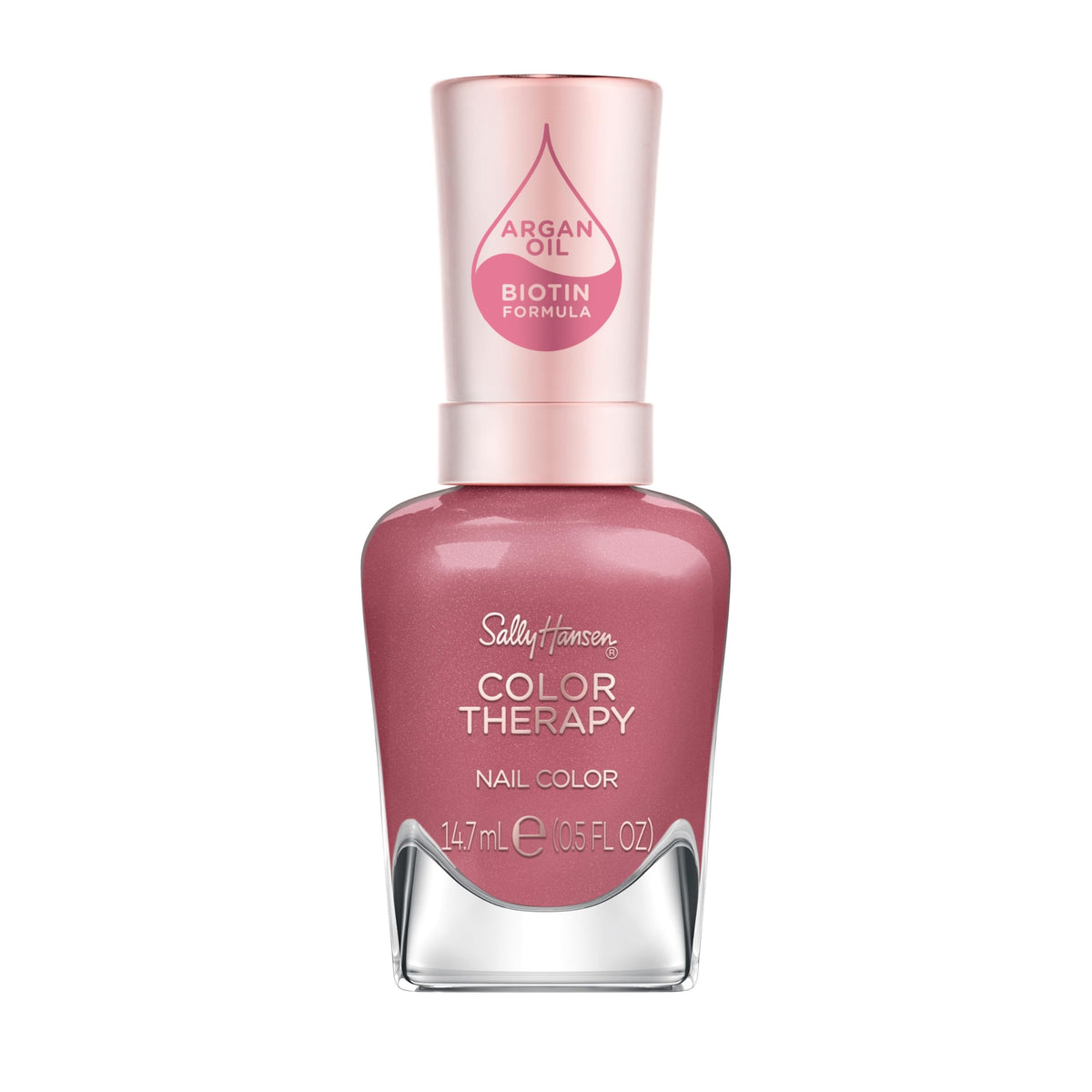 Sally Hansen front bottle showing rose-pink shade and glossy finish benefit