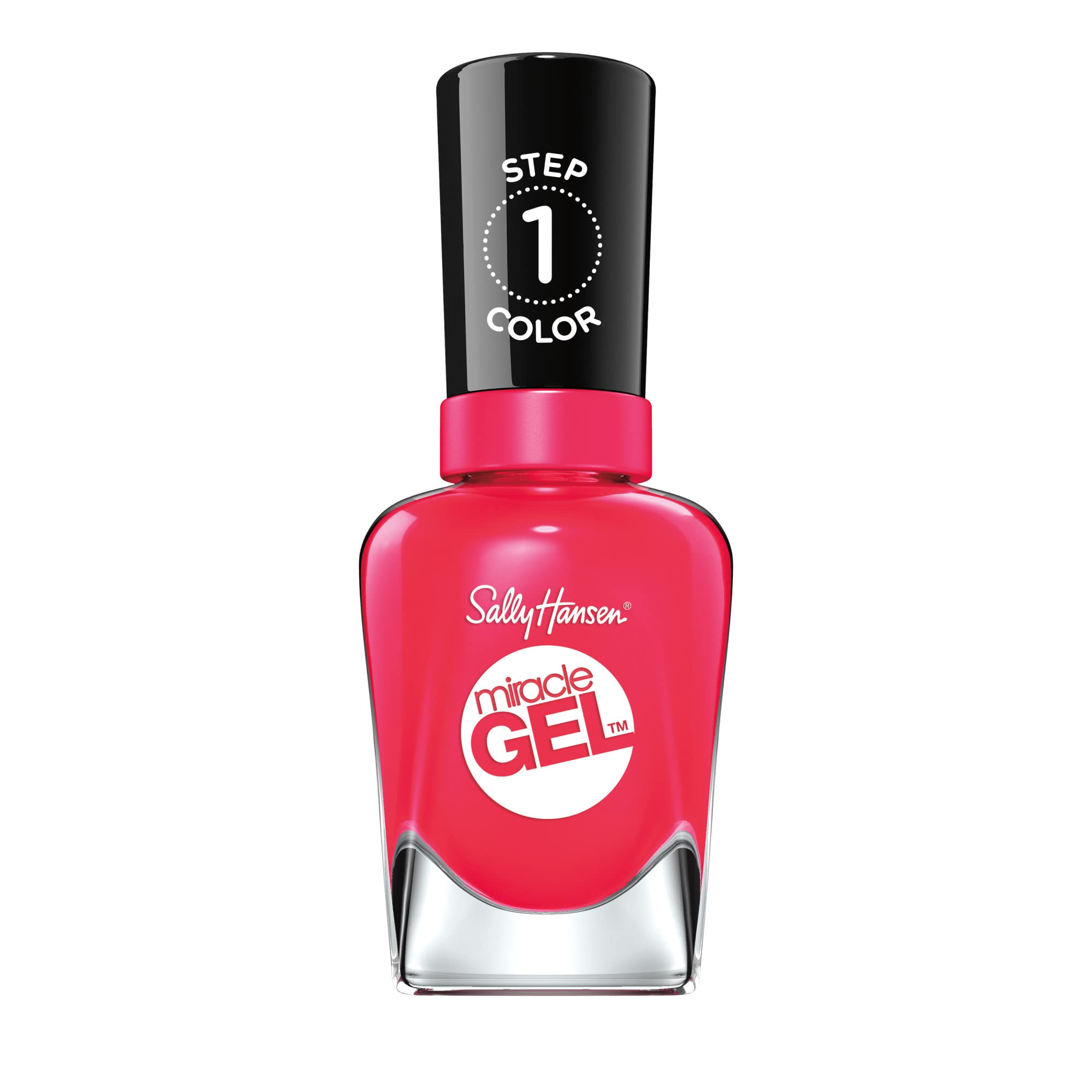 Sally Hansen bottle front view showing 329 Pink Tank and glossy finish benefit