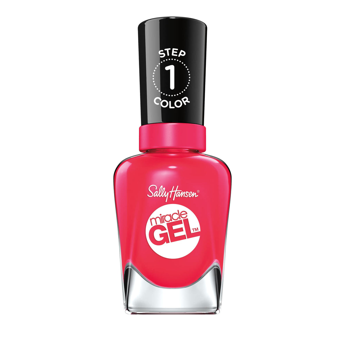 Sally Hansen bottle front view showing 329 Pink Tank and glossy finish benefit