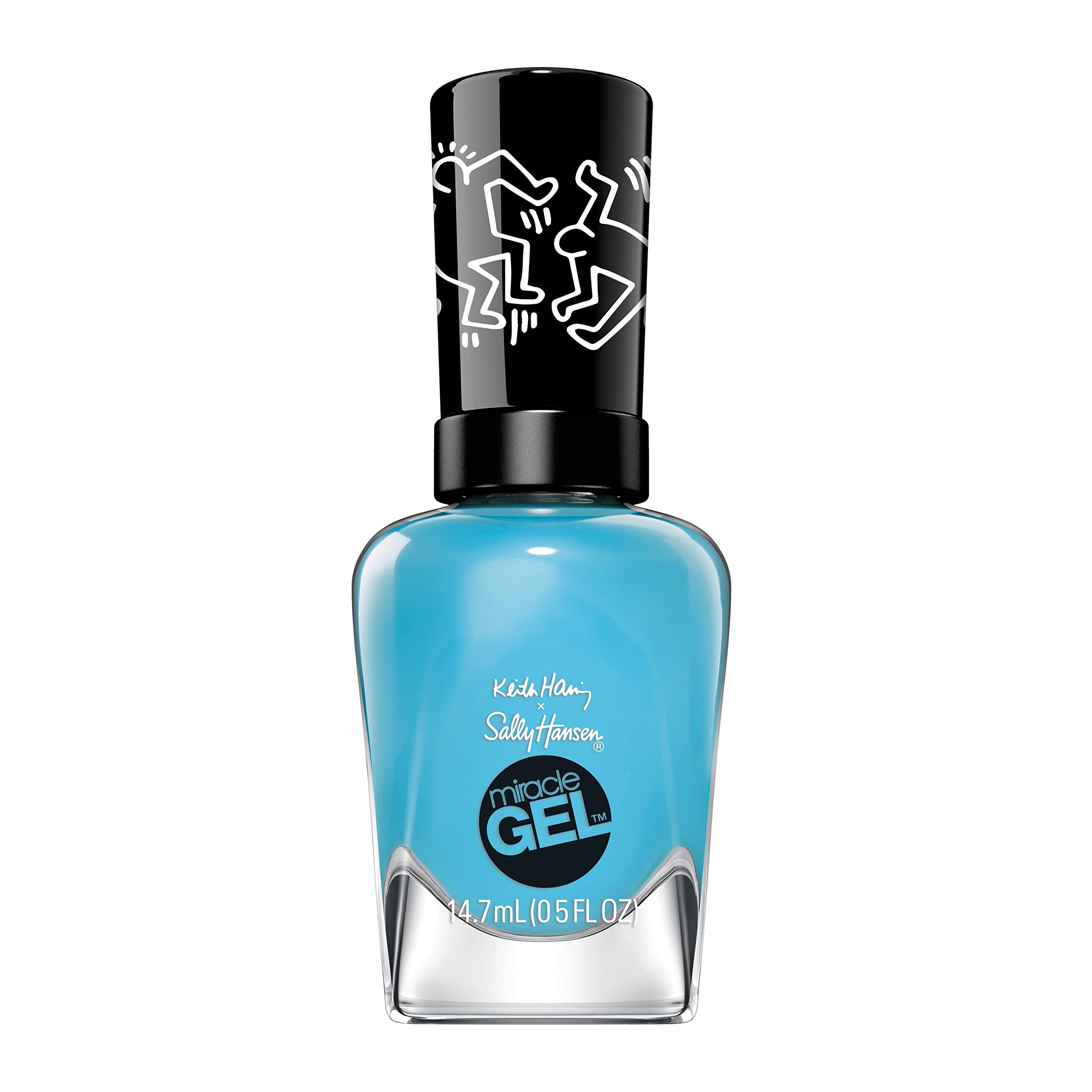 Sally Hansen bottle front packaging showing bold cyan color and Keith Haring artwork benefit: collectible design