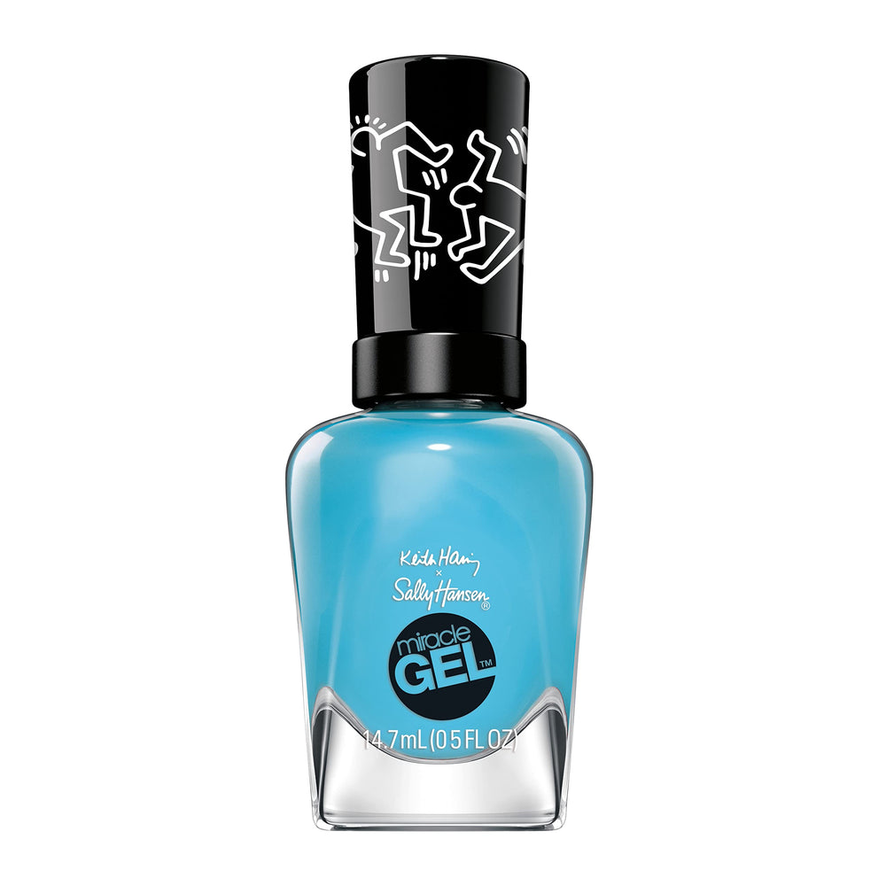 Sally Hansen bottle front packaging showing bold cyan color and Keith Haring artwork benefit: collectible design