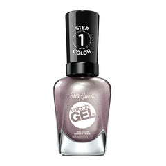 Sally Hansen bottle front view showing metallic plum-brown shade and salon finish benefit