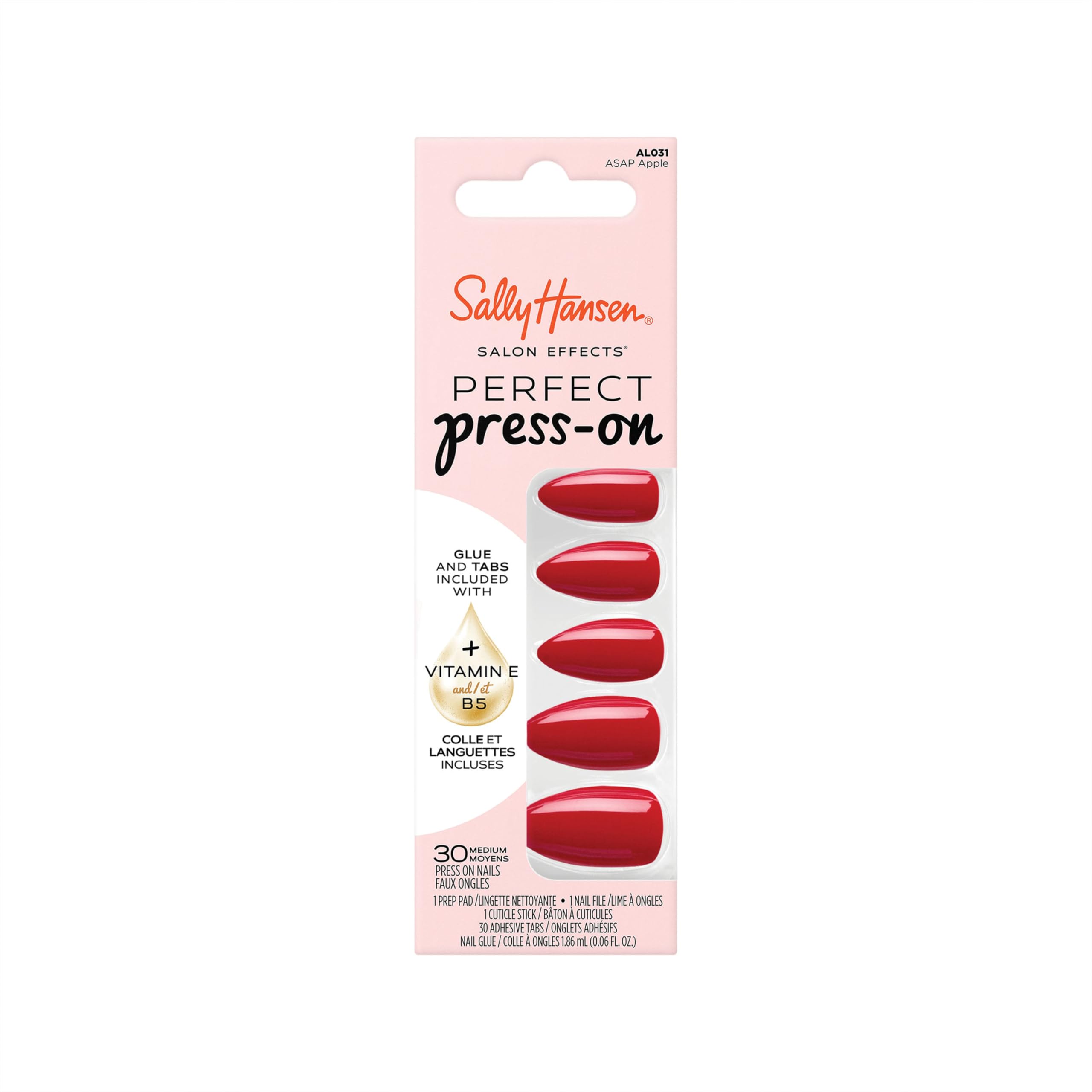 Sally Hansen front packaging showing almond press-on nails and kit benefit quick application