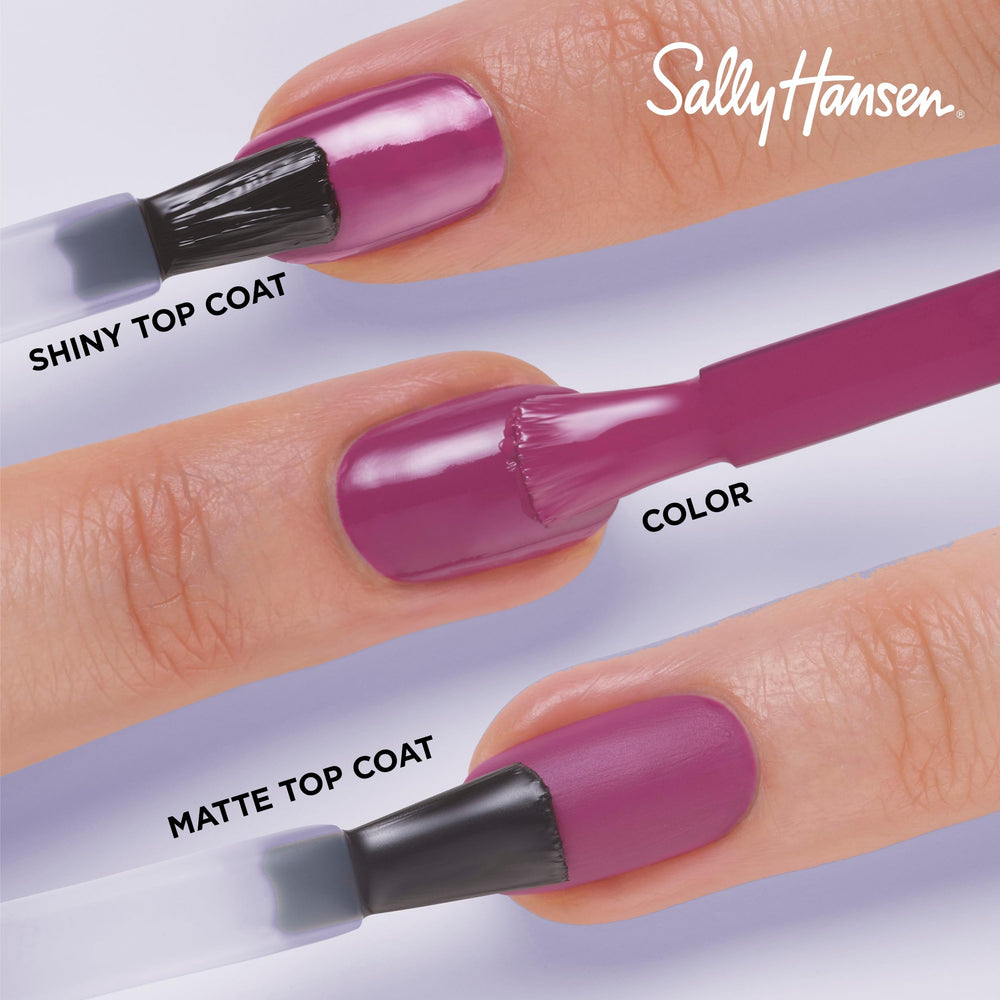 Hand with Brewberry plum nails demonstrating Sally Hansen glossy, chip-resistant finish