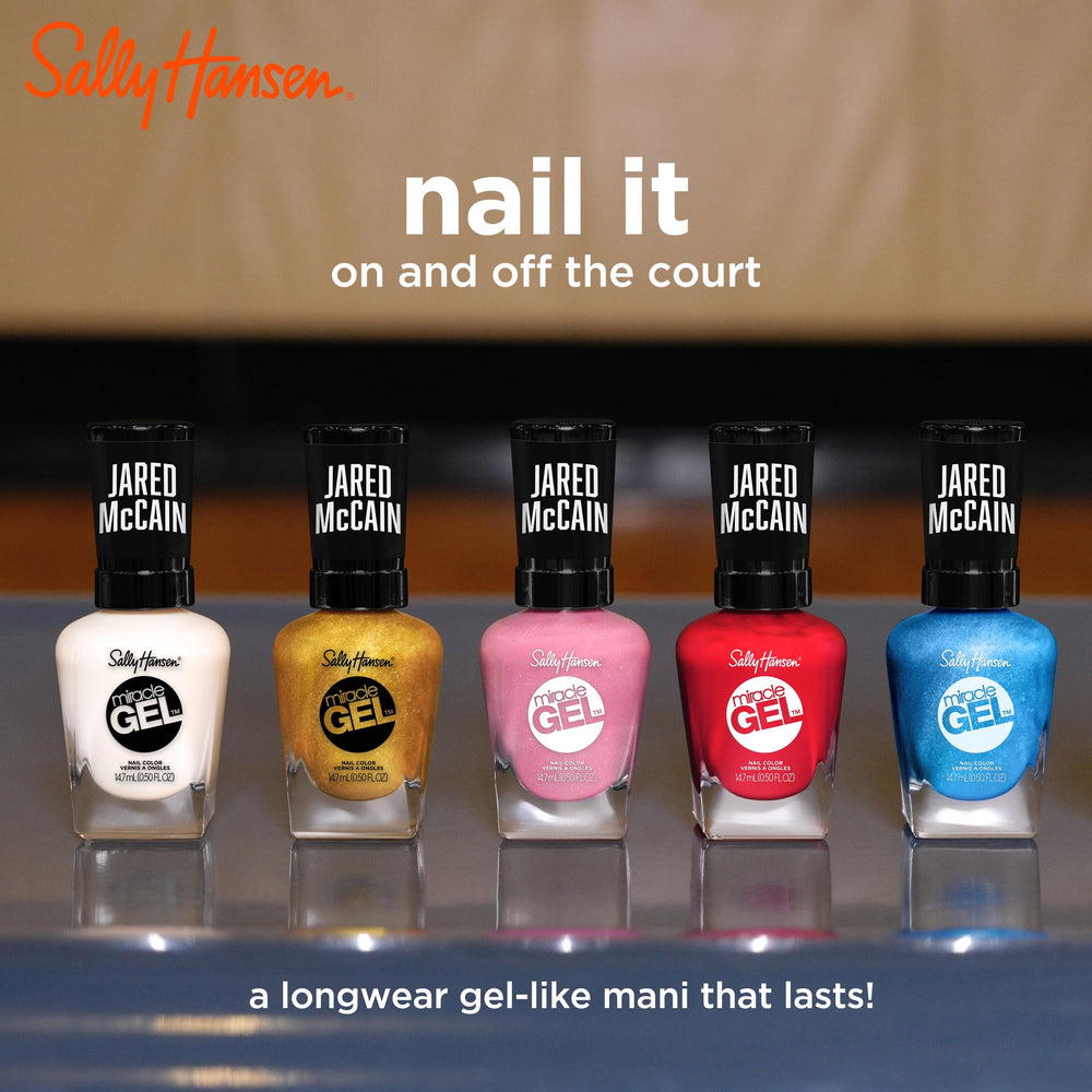 Sally Hansen bottle closeup of Bucket Blue polish highlighting glossy gel-like finish and smooth texture
