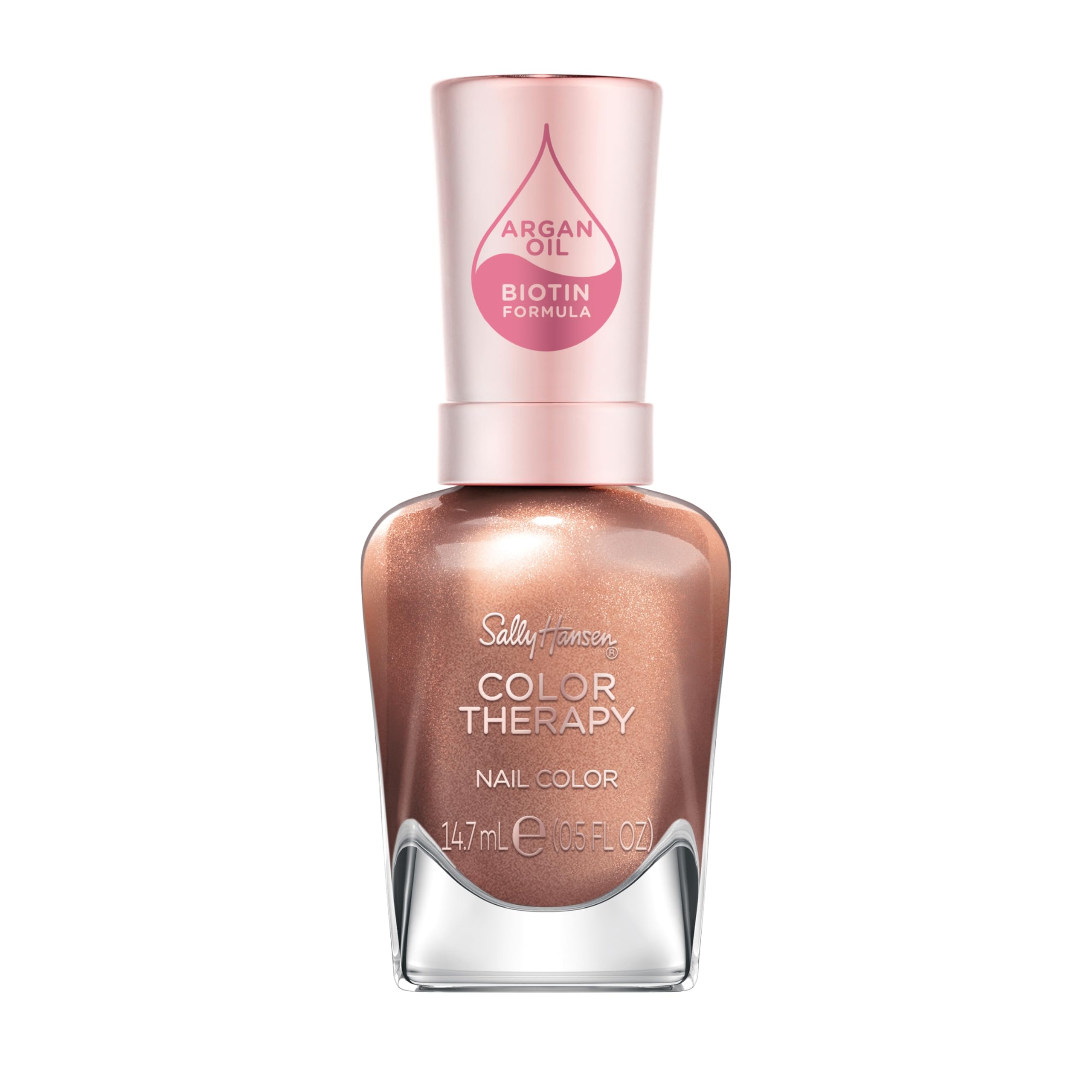 Sally Hansen bottle front view showing burnished bronze color and glossy finish benefit