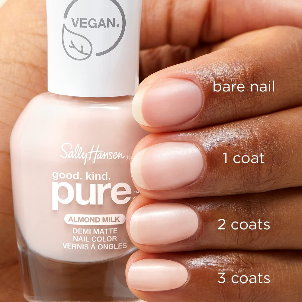 Sally Hansen close-up on painted nails displaying natural buffed finish and refined look