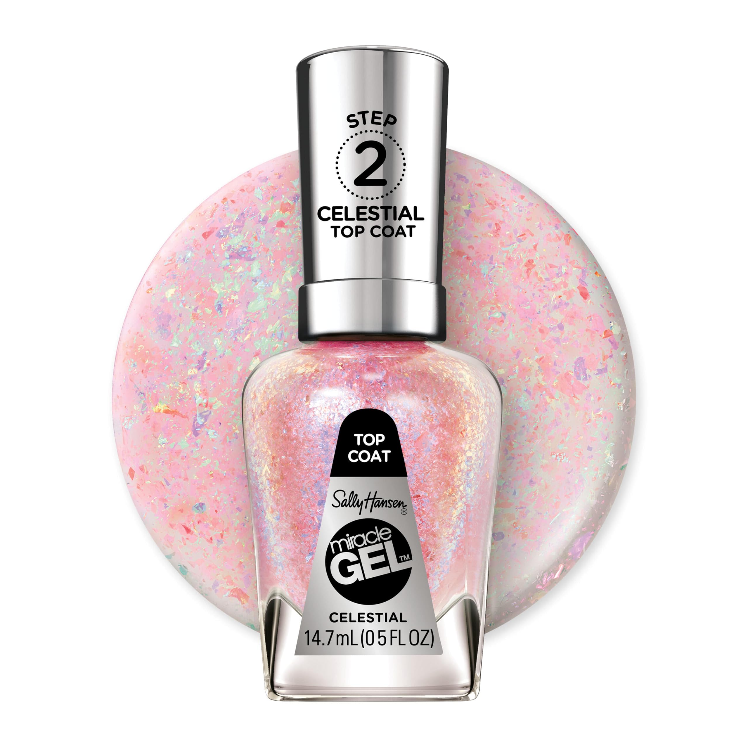 Sally Hansen bottle front view showing Celestial top coat and label, ideal for at-home gel finish