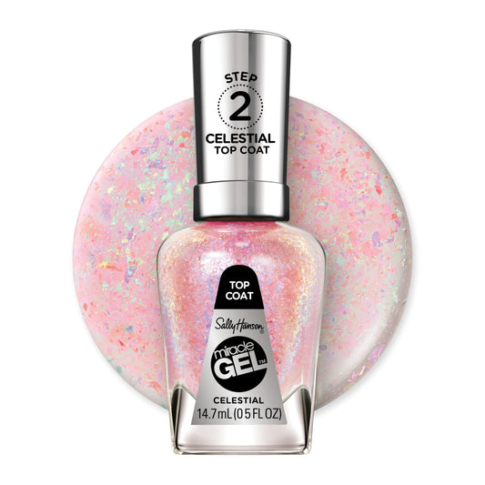 Sally Hansen bottle front view showing Celestial top coat and label, ideal for at-home gel finish