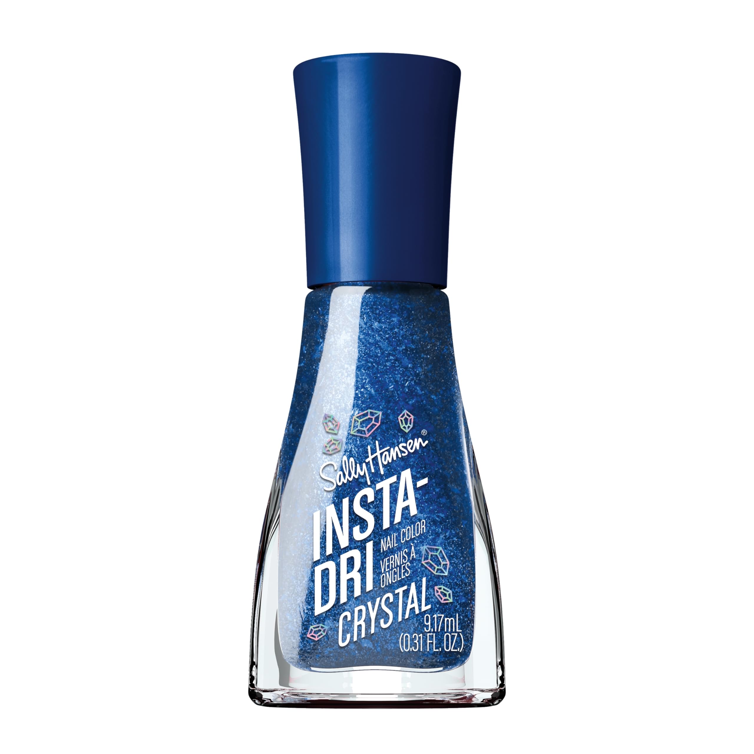 Sally Hansen bottle front view showing cobalt blue polish and quick-dry promise